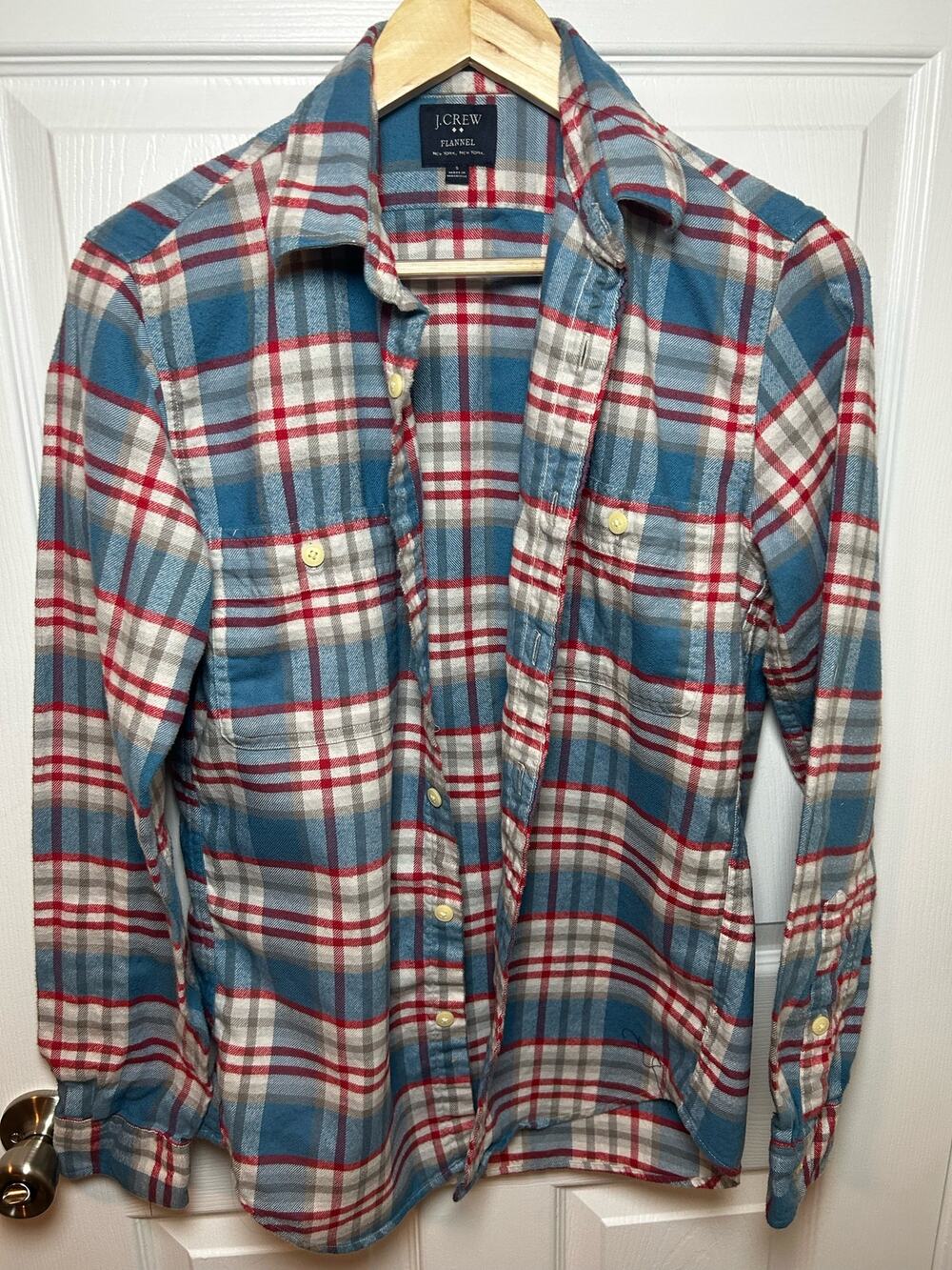 J.Crew Flannel Size Small Slim Fit Men's Baby Blue Red 100% Cotton